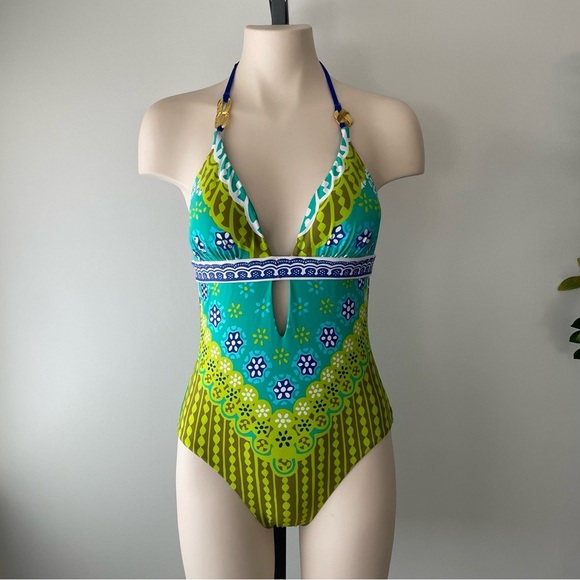 Trina Turk Seychelles Jungle One Piece Bathing Swim Suit Swimwear Halter Boho - Picture 2 of 13